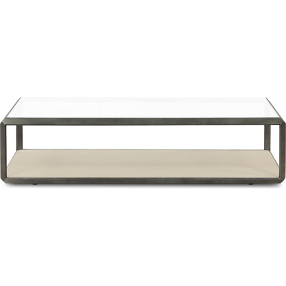 Shagreen Shadow Box Coffee Table by Four Hands in antique brass, gray shagreen, tempered glass. Made from tempered glass, iron, faux shagreen in a modern style.