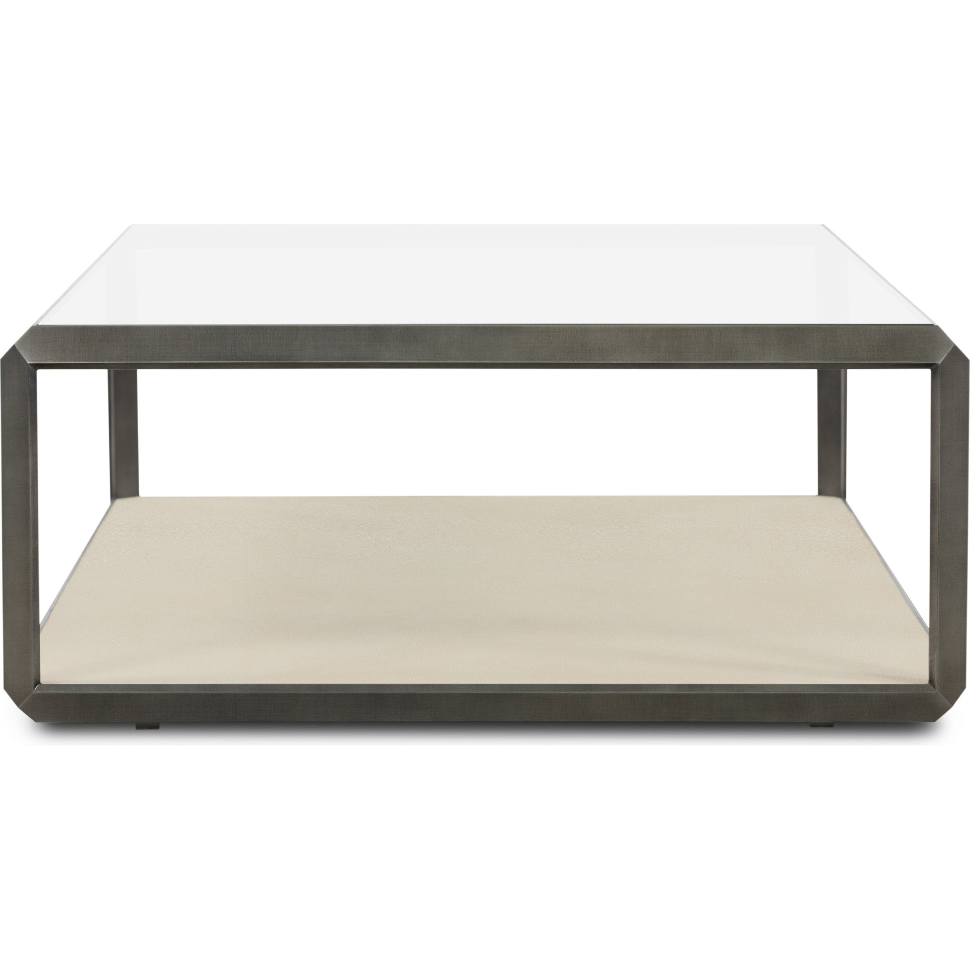 Shagreen Shadow Box Coffee Table by Four Hands in antique brass, gray shagreen, tempered glass. Made from tempered glass, iron, faux shagreen in a modern style.