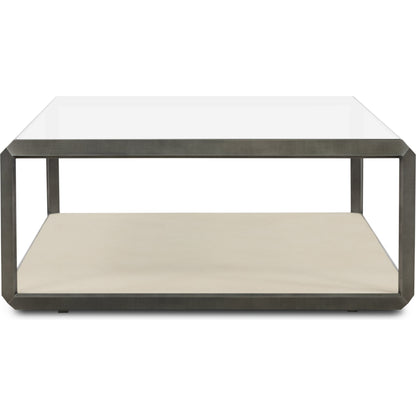 Shagreen Shadow Box Coffee Table by Four Hands in antique brass, gray shagreen, tempered glass. Made from tempered glass, iron, faux shagreen in a modern style.