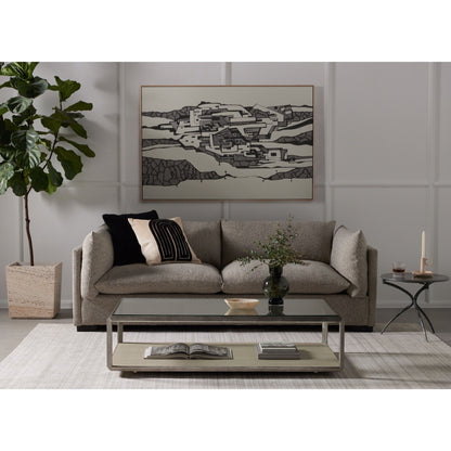 Shagreen Shadow Box Coffee Table by Four Hands in antique brass, gray shagreen, tempered glass. Made from tempered glass, iron, faux shagreen in a modern style.