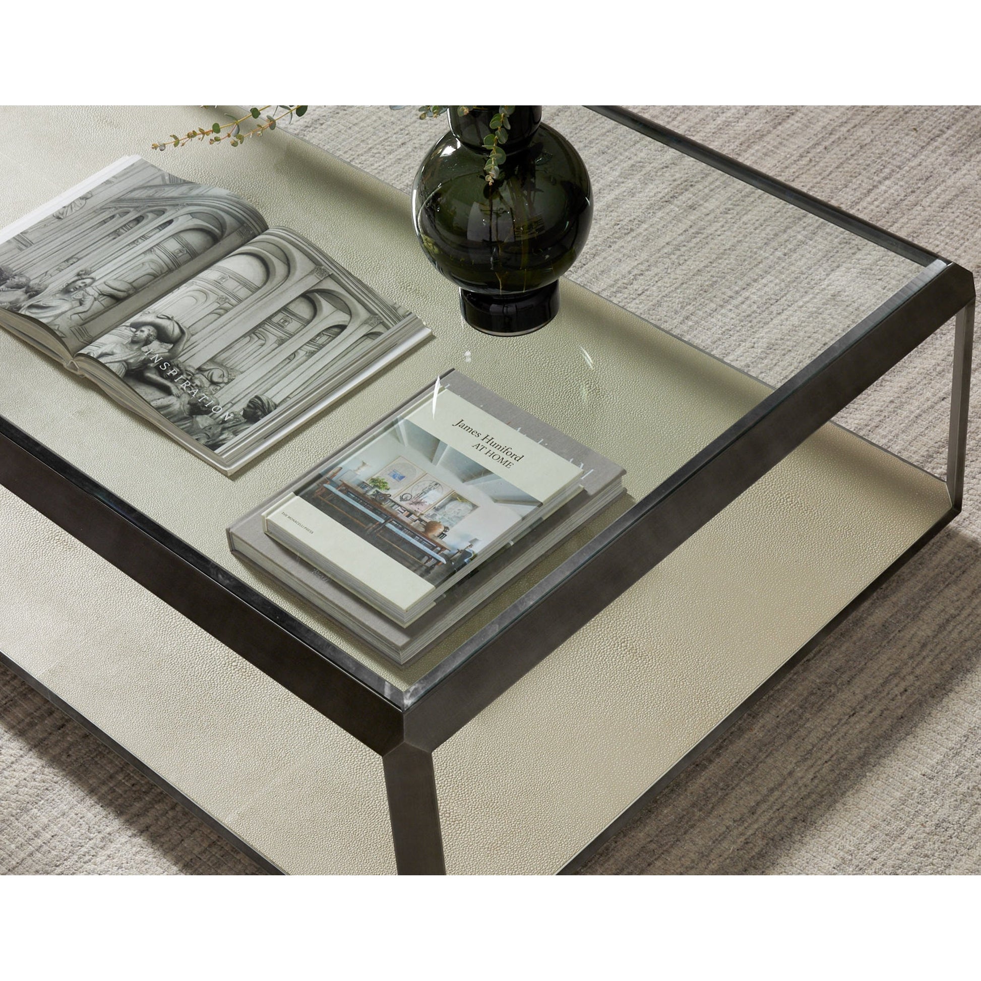 Shagreen Shadow Box Coffee Table by Four Hands in antique brass, gray shagreen, tempered glass. Made from tempered glass, iron, faux shagreen in a modern style.