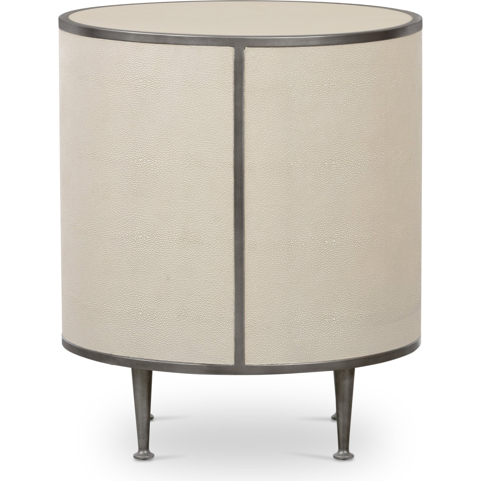 Shagreen Round Nightstand by Four Hands in grey shagreen, antique brass and grey. Made from faux shagreen, iron in a modern style.
