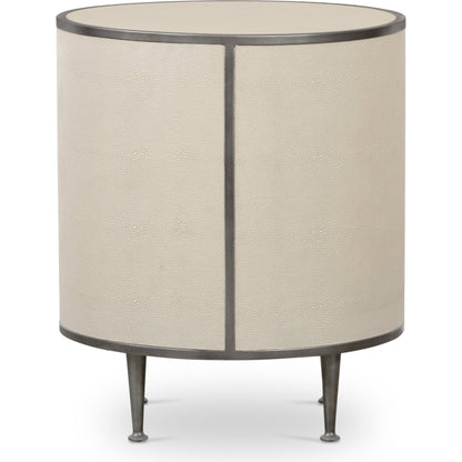 Shagreen Round Nightstand by Four Hands in grey shagreen, antique brass and grey. Made from faux shagreen, iron in a modern style.