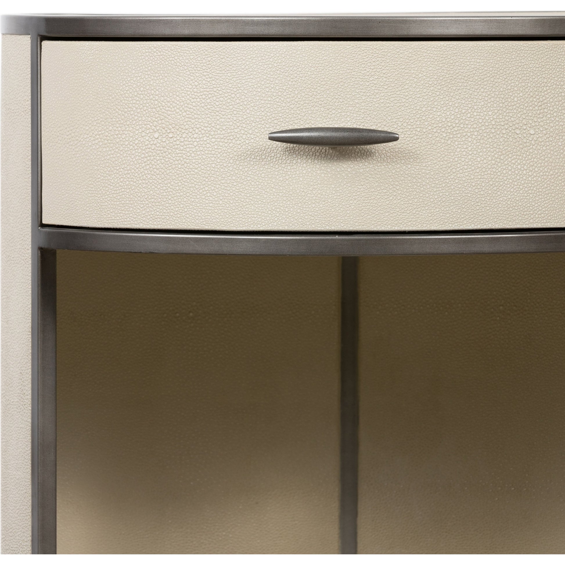 Shagreen Round Nightstand by Four Hands in grey shagreen, antique brass and grey. Made from faux shagreen, iron in a modern style.