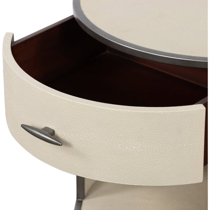 Shagreen Round Nightstand by Four Hands in grey shagreen, antique brass and grey. Made from faux shagreen, iron in a modern style.