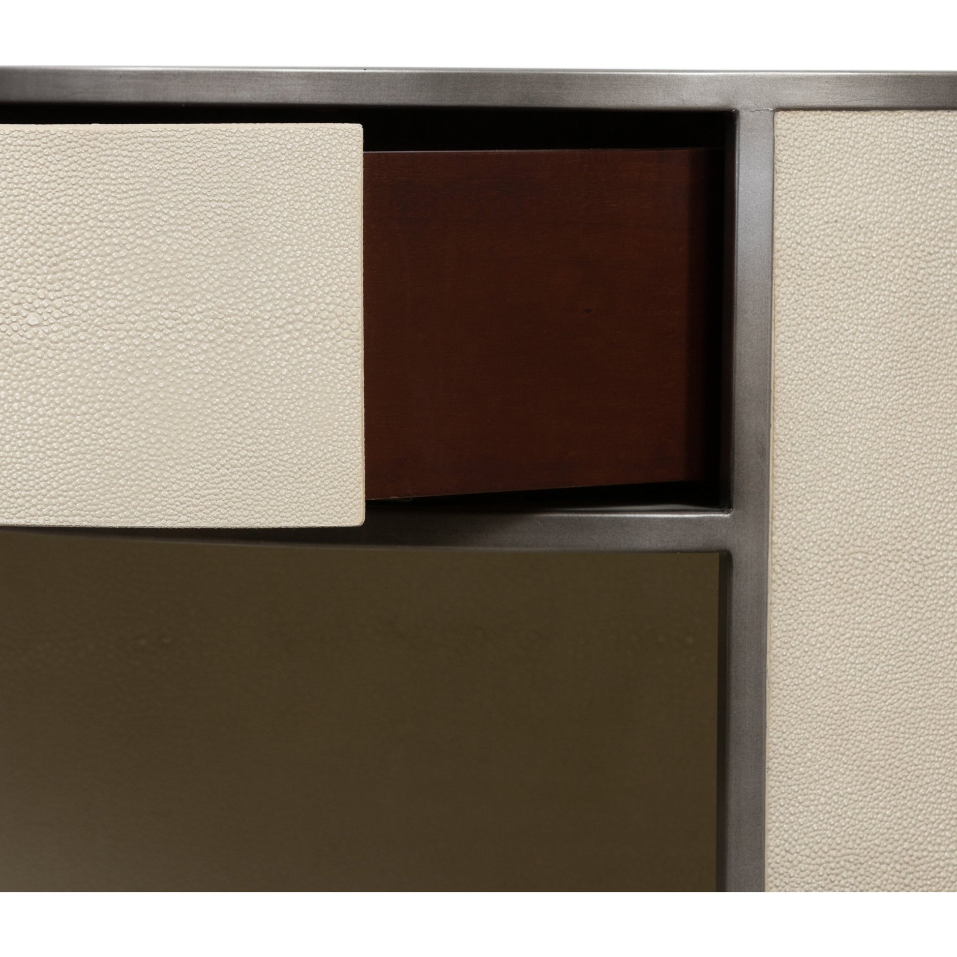 Shagreen Round Nightstand by Four Hands in grey shagreen, antique brass and grey. Made from faux shagreen, iron in a modern style.
