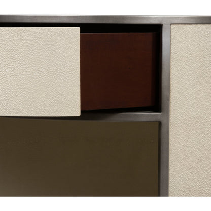 Shagreen Round Nightstand by Four Hands in grey shagreen, antique brass and grey. Made from faux shagreen, iron in a modern style.