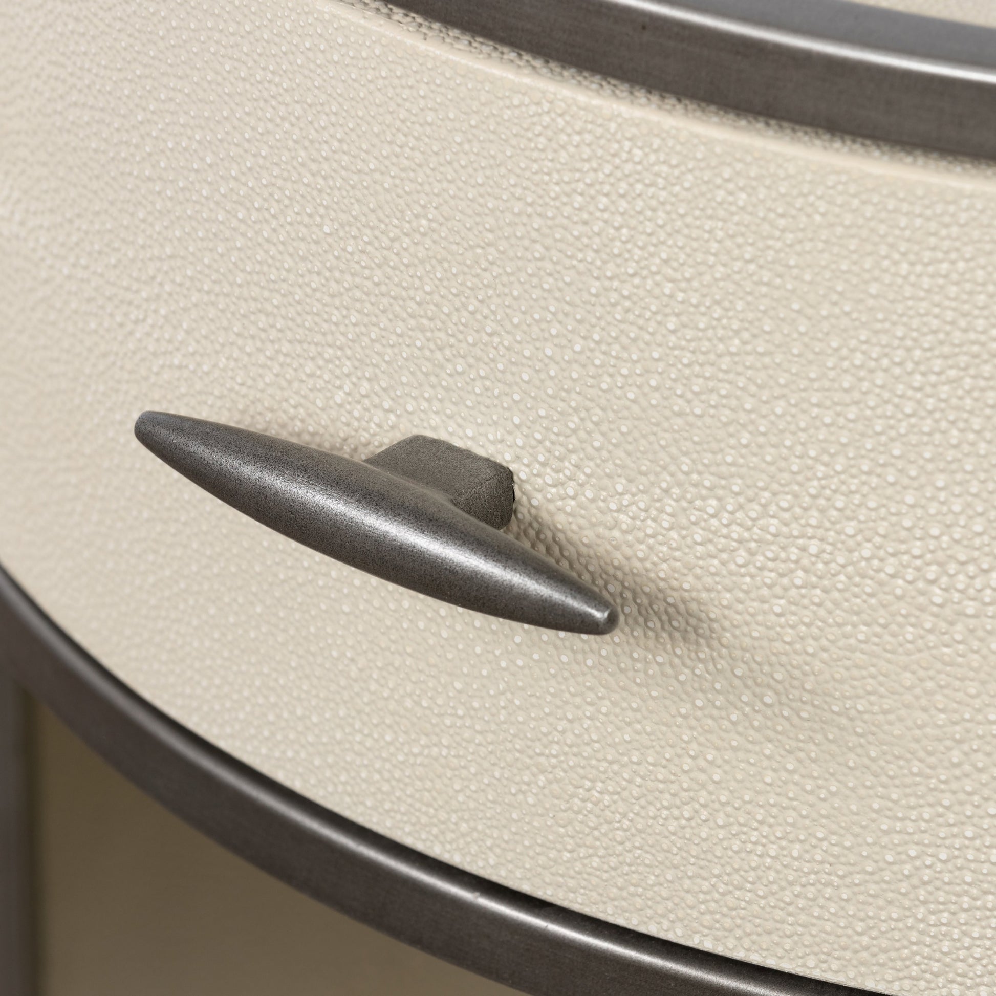 Shagreen Round Nightstand by Four Hands in grey shagreen, antique brass and grey. Made from faux shagreen, iron in a modern style.