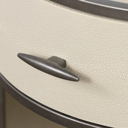 Shagreen Round Nightstand by Four Hands in grey shagreen, antique brass and grey. Made from faux shagreen, iron in a modern style.