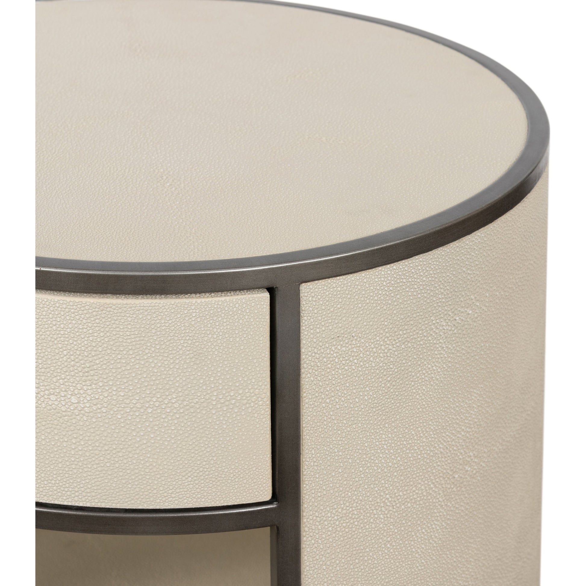 Shagreen Round Nightstand by Four Hands in grey shagreen, antique brass and grey. Made from faux shagreen, iron in a modern style.
