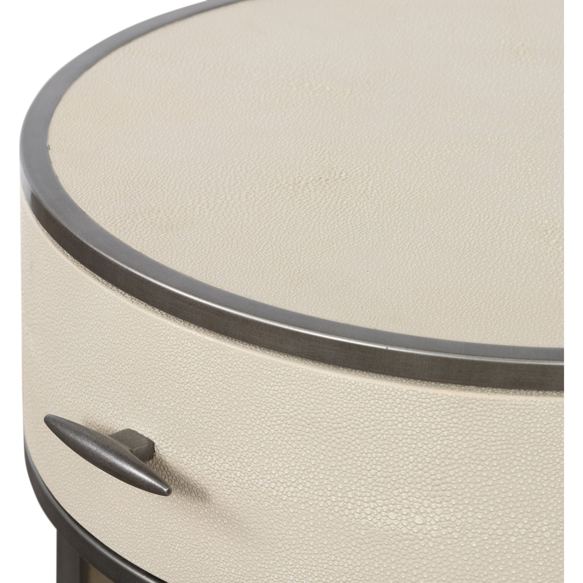 Shagreen Round Nightstand by Four Hands in grey shagreen, antique brass and grey. Made from faux shagreen, iron in a modern style.