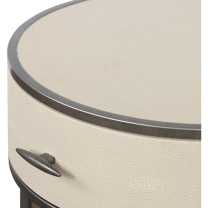 Shagreen Round Nightstand by Four Hands in grey shagreen, antique brass and grey. Made from faux shagreen, iron in a modern style.