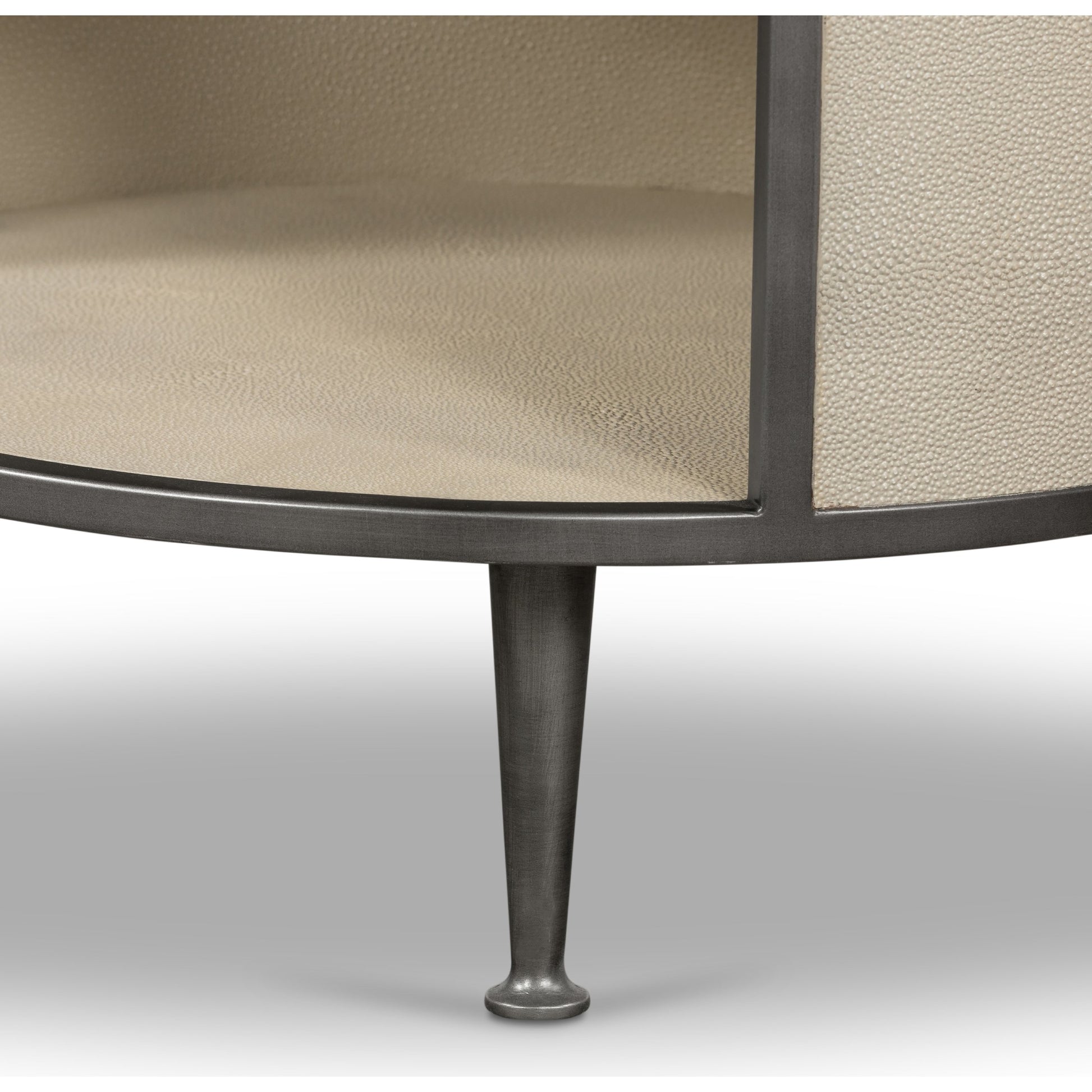 Shagreen Round Nightstand by Four Hands in grey shagreen, antique brass and grey. Made from faux shagreen, iron in a modern style.