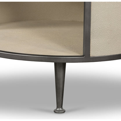 Shagreen Round Nightstand by Four Hands in grey shagreen, antique brass and grey. Made from faux shagreen, iron in a modern style.