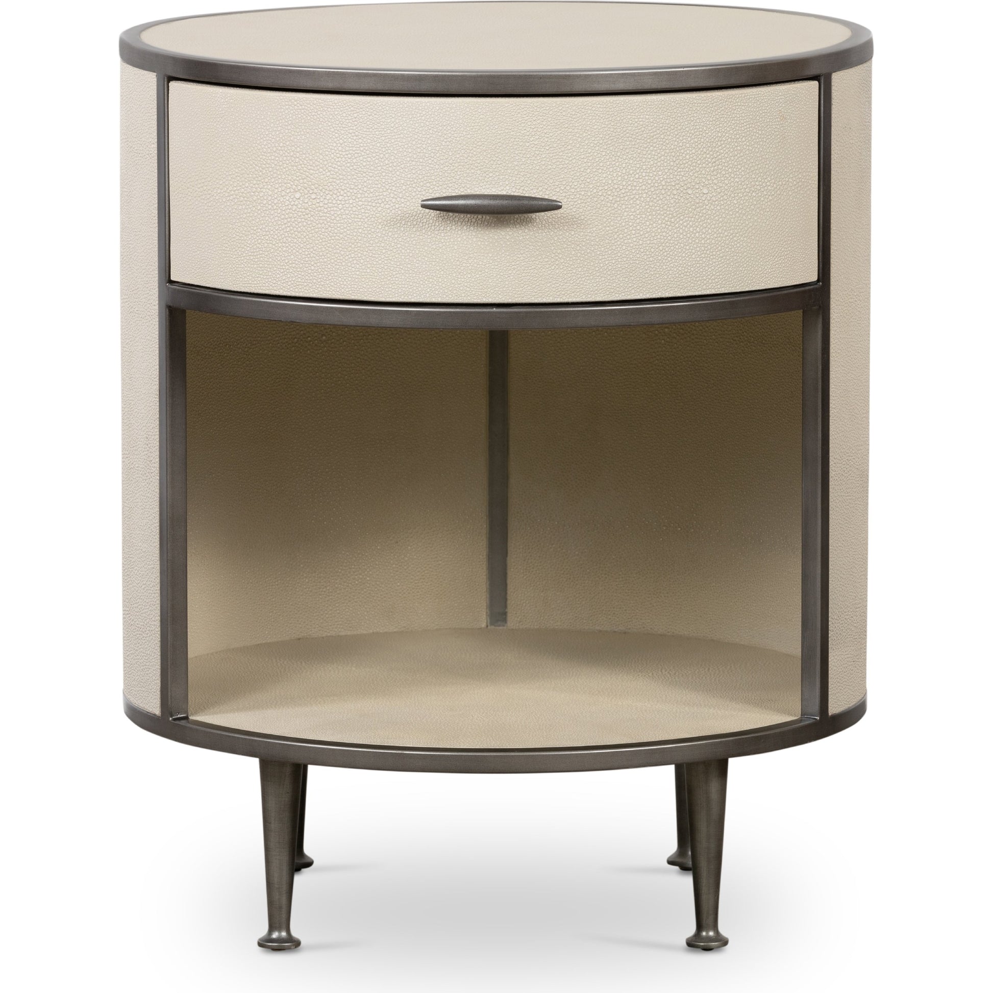Shagreen Round Nightstand by Four Hands in grey shagreen, antique brass and grey. Made from faux shagreen, iron in a modern style.