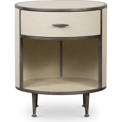 Shagreen Round Nightstand by Four Hands in grey shagreen, antique brass and grey. Made from faux shagreen, iron in a modern style.