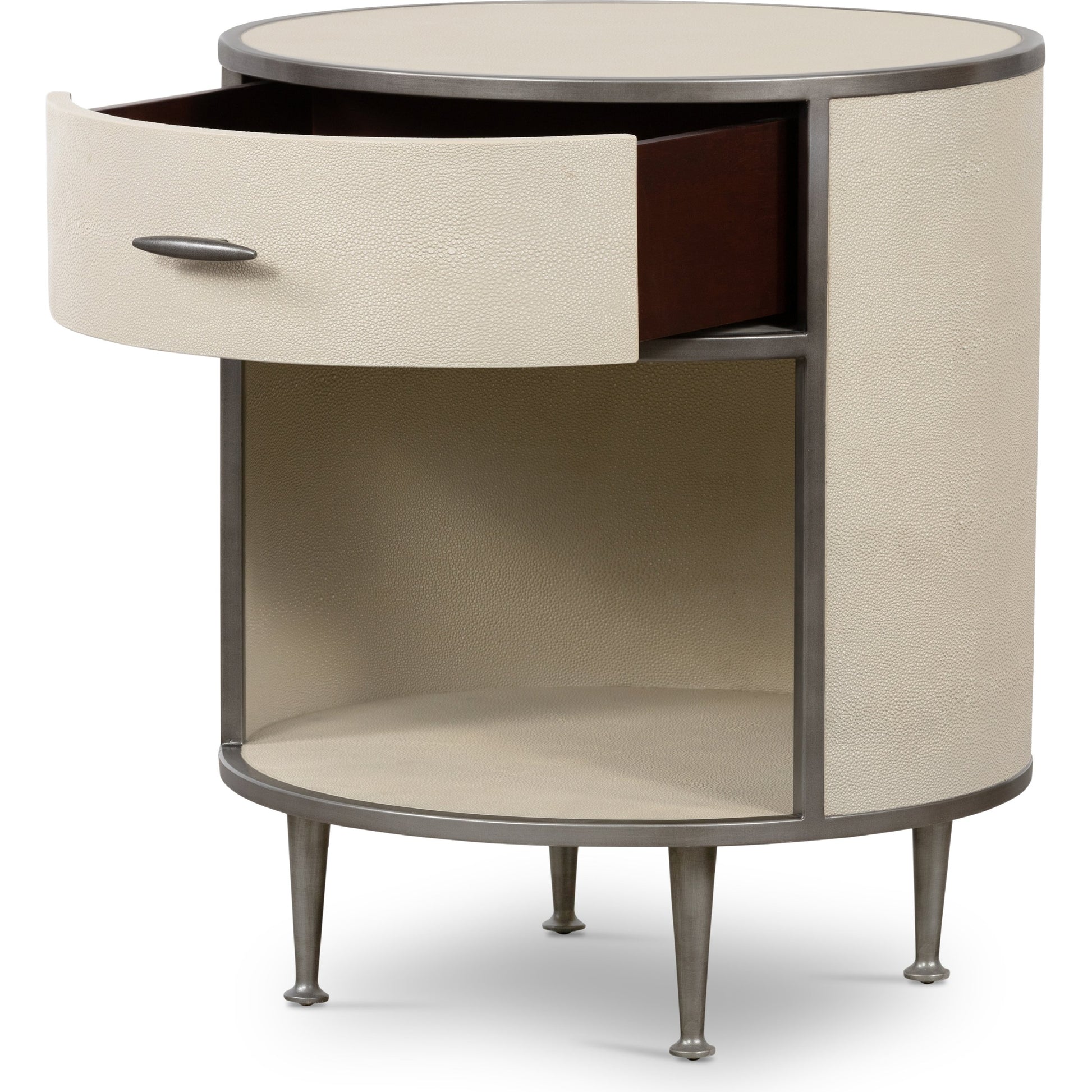 Shagreen Round Nightstand by Four Hands in grey shagreen, antique brass and grey. Made from faux shagreen, iron in a modern style.