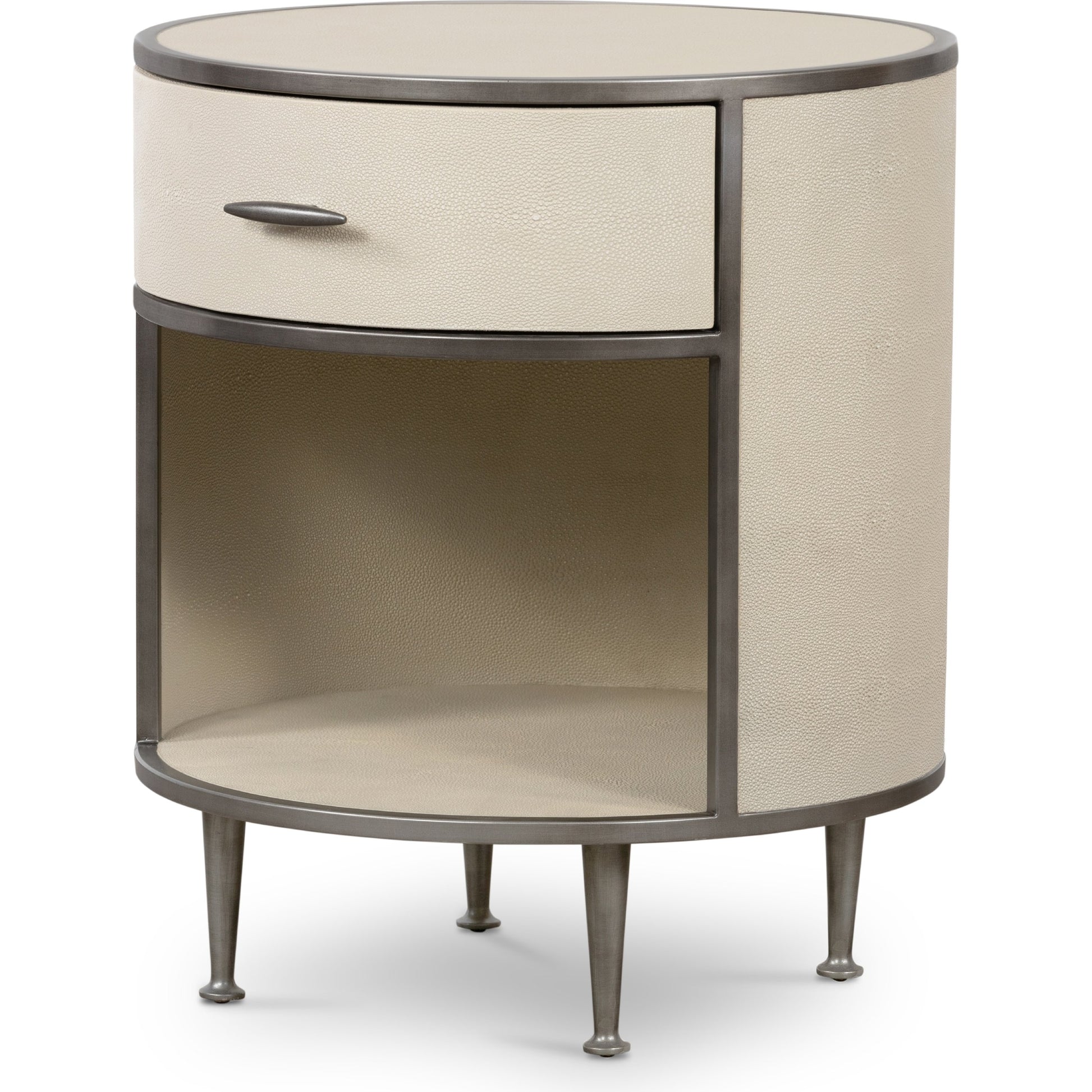 Shagreen Round Nightstand by Four Hands in grey shagreen, antique brass and grey. Made from faux shagreen, iron in a modern style.