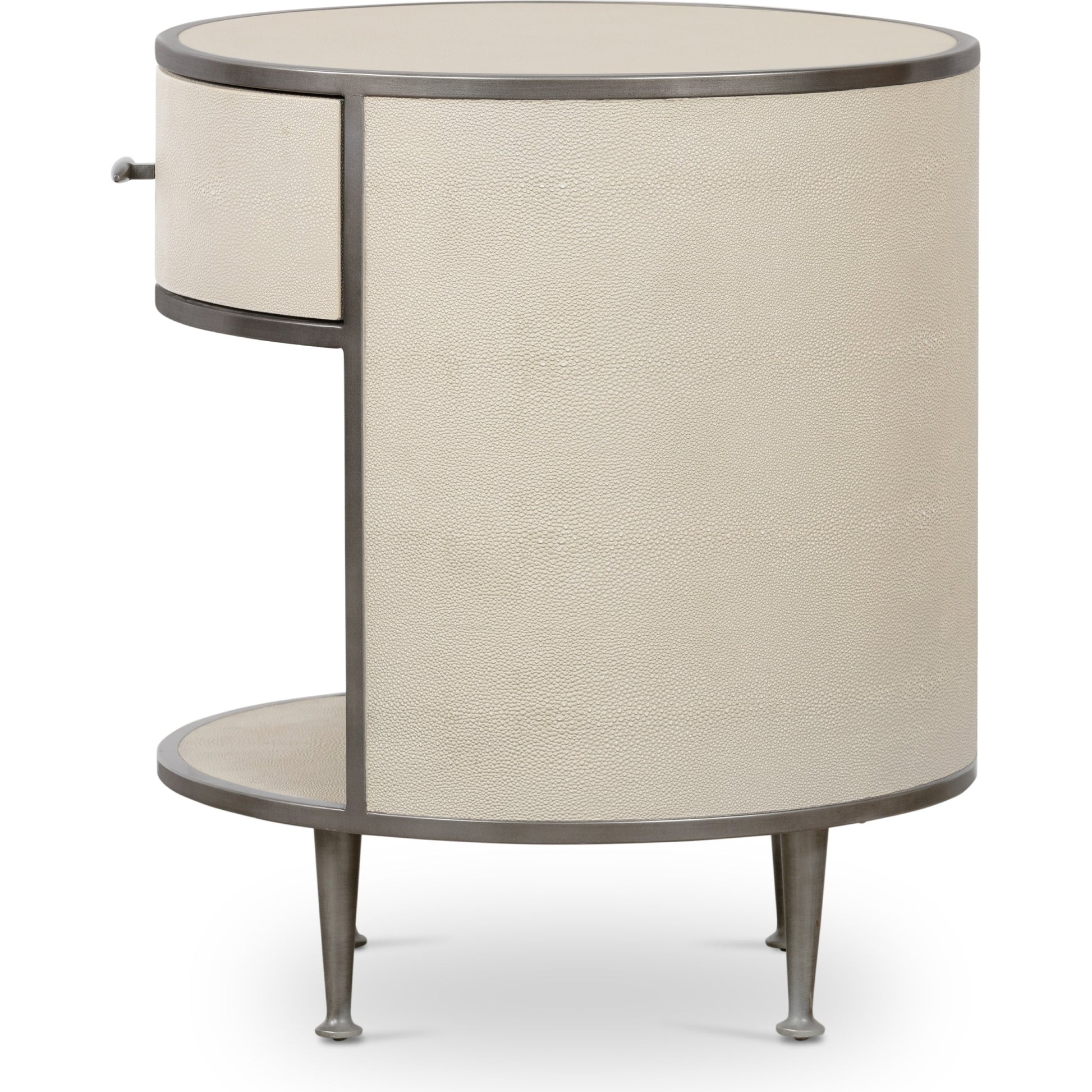 Shagreen Round Nightstand by Four Hands in grey shagreen, antique brass and grey. Made from faux shagreen, iron in a modern style.