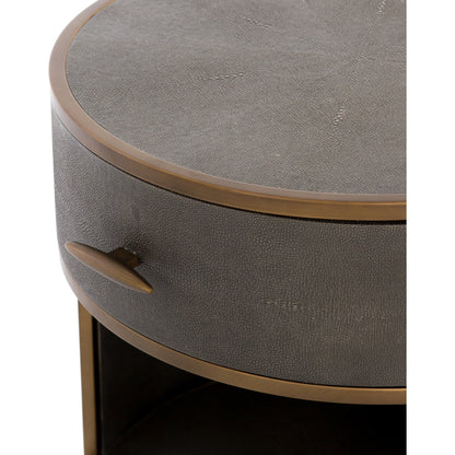 Shagreen Round Nightstand by Four Hands in grey shagreen, antique brass and grey. Made from faux shagreen, iron in a modern style.
