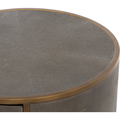 Shagreen Round Nightstand by Four Hands in grey shagreen, antique brass and grey. Made from faux shagreen, iron in a modern style.