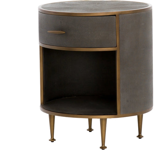 001 SI-1798593 | Additional Silo | Shagreen Round Nightstand by Four Hands in grey shagreen, antique brass and grey. Made from faux shagreen, iron in a modern style.