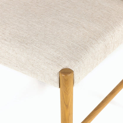Glenmore Dining Chair by Four Hands. Made from 49% viscose (rayon), 22% flax, linen, 18% polyester, 11% cotton, solid oak, 100% polyester in a transitional style.