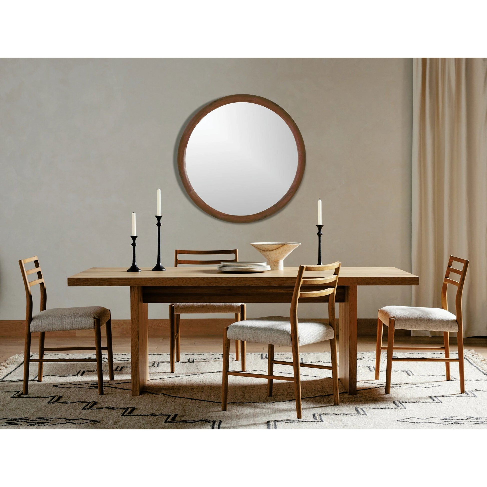 Glenmore Dining Chair by Four Hands. Made from 49% viscose (rayon), 22% flax, linen, 18% polyester, 11% cotton, solid oak, 100% polyester in a transitional style.