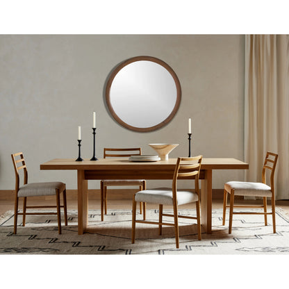 Glenmore Dining Chair by Four Hands. Made from 49% viscose (rayon), 22% flax, linen, 18% polyester, 11% cotton, solid oak, 100% polyester in a transitional style.