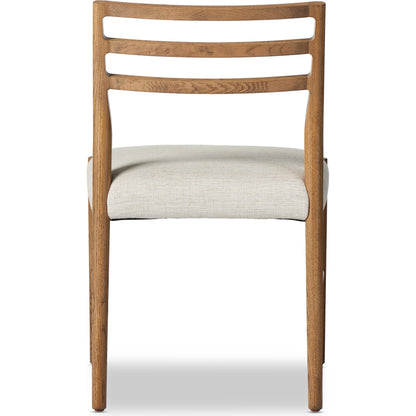 Glenmore Dining Chair by Four Hands. Made from 49% viscose (rayon), 22% flax, linen, 18% polyester, 11% cotton, solid oak, 100% polyester in a transitional style.