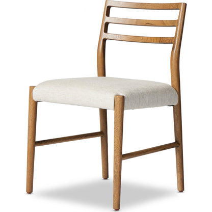 Glenmore Dining Chair by Four Hands. Made from 49% viscose (rayon), 22% flax, linen, 18% polyester, 11% cotton, solid oak, 100% polyester in a transitional style.