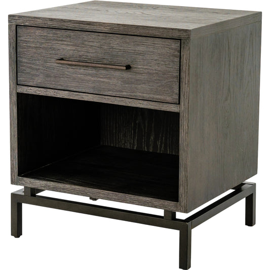 Greta Nightstand by Four Hands in autumn grey, rustic brass. Made from oak veneer, iron in a modern style.