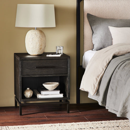 Greta Nightstand by Four Hands in autumn grey, rustic brass. Made from oak veneer, iron in a modern style.