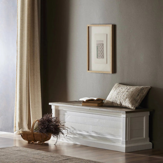 Cintra Blanket Chest by Four Hands in limestone white, rustic weathered teak. Made from solid mixed reclaimed wood in a unique style.