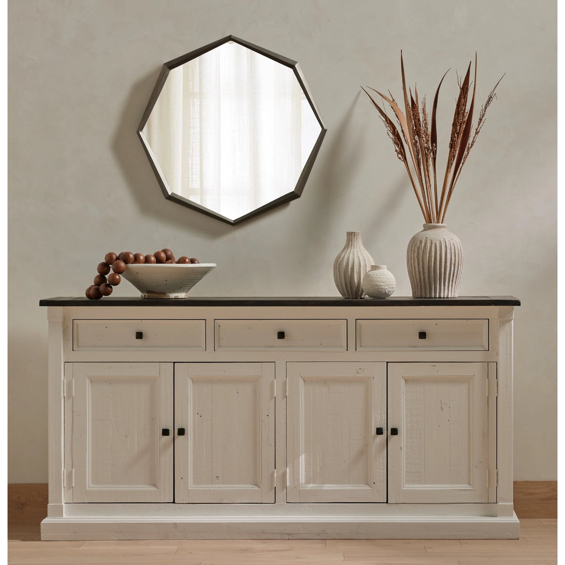 Cintra Sideboard by Four Hands in limestone white, driftwood natural. Made from solid mixed reclaimed wood in a cottage & farmhouse style.