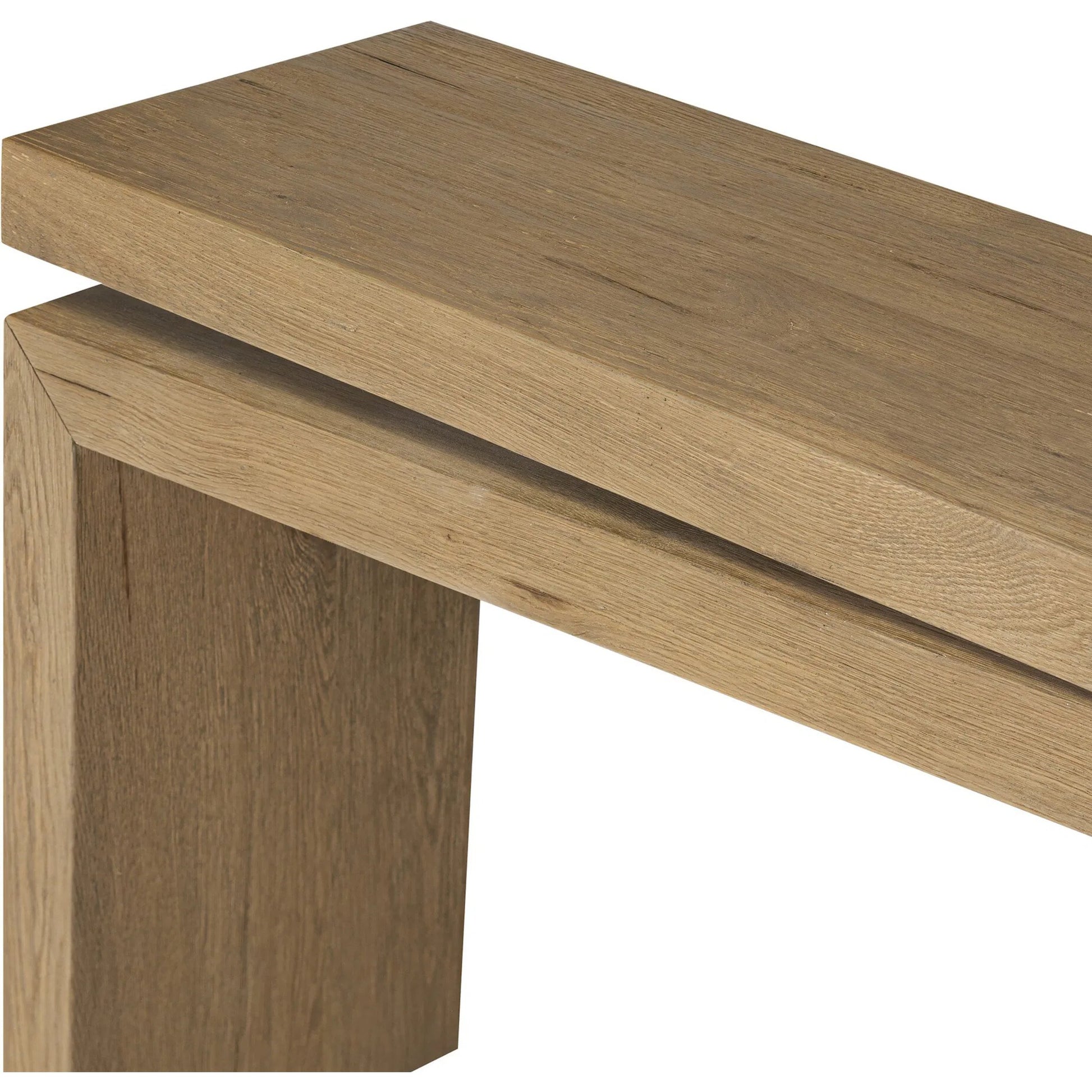Matthes 79" Console Table by Four Hands in worn oak veneer. Made from thick oak veneer, dandy plywood in a unique style.