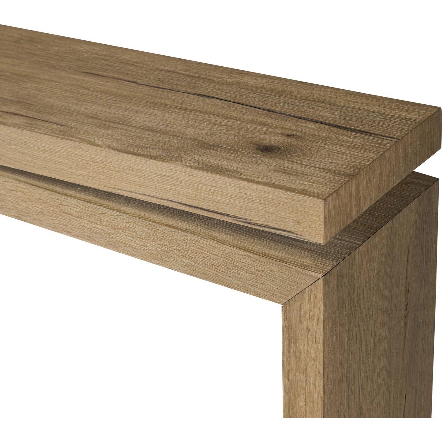 005 SI-2257033 | Closeup | Matthes 79" Console Table by Four Hands in worn oak veneer. Made from thick oak veneer, dandy plywood in a unique style.