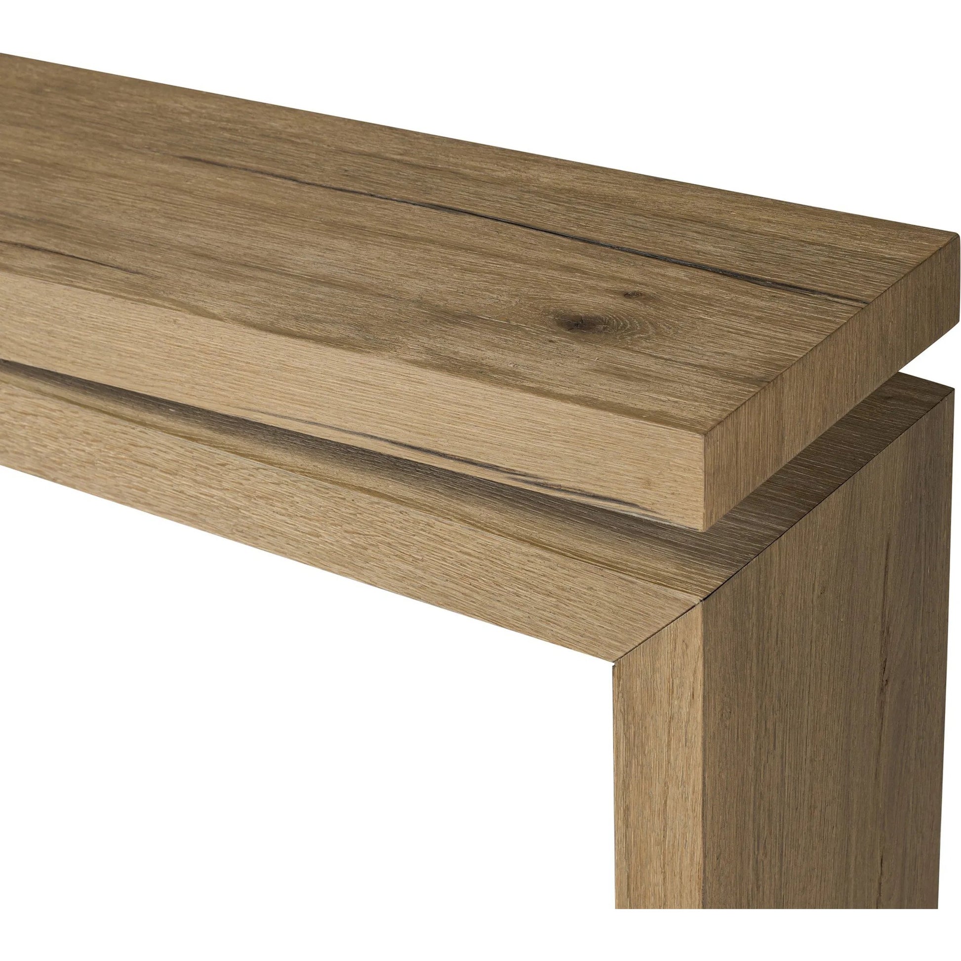 Matthes 79" Console Table by Four Hands in worn oak veneer. Made from thick oak veneer, dandy plywood in a unique style.