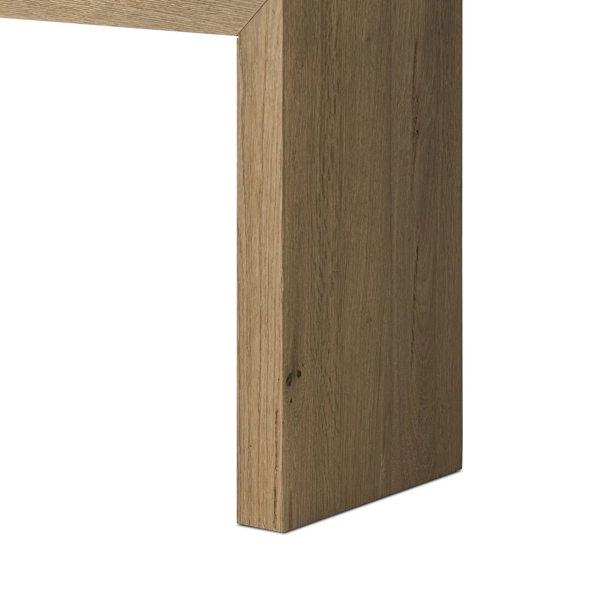Matthes 79" Console Table by Four Hands in worn oak veneer. Made from thick oak veneer, dandy plywood in a unique style.