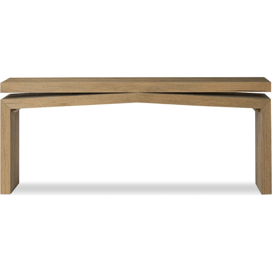 Matthes 79" Console Table by Four Hands in worn oak veneer. Made from thick oak veneer, dandy plywood in a unique style.