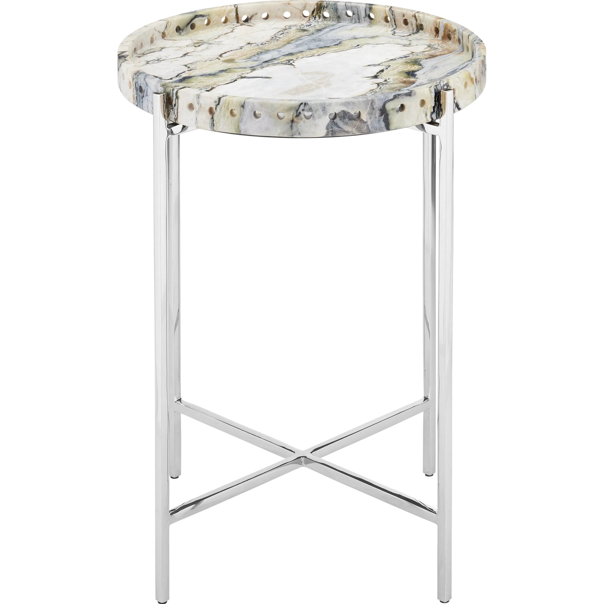 Freya Floral Jade Marble Accent Table by Currey and Company in natural, nickel. Made from floral jade marble, iron in a modern style.