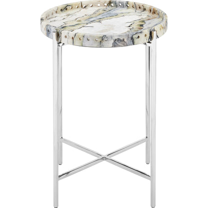 Freya Floral Jade Marble Accent Table by Currey and Company in natural, nickel. Made from floral jade marble, iron in a modern style.
