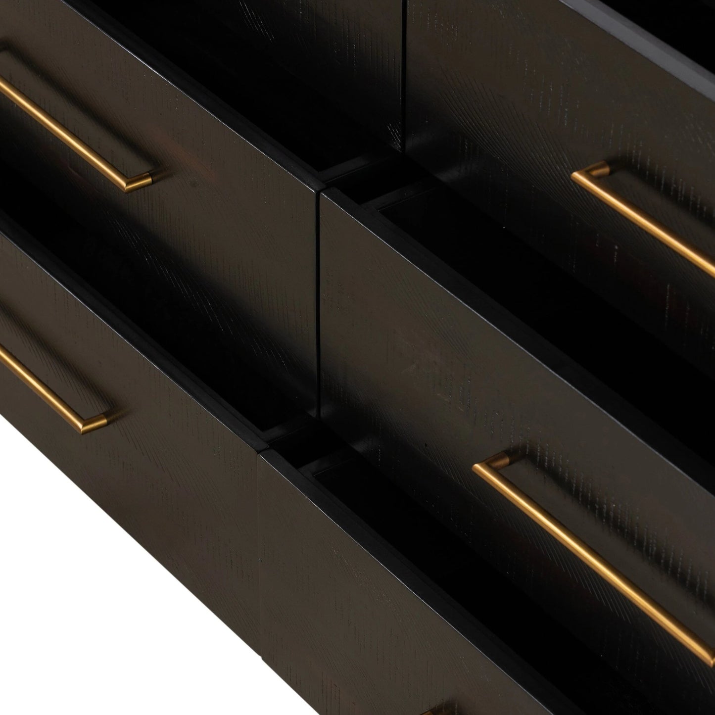 011 SI-2137601 | Closeup | Suki 6 Drawer Dresser by Four Hands in burnished black. Made from resawn mixed wood, mixed wood solid in a modern style.
