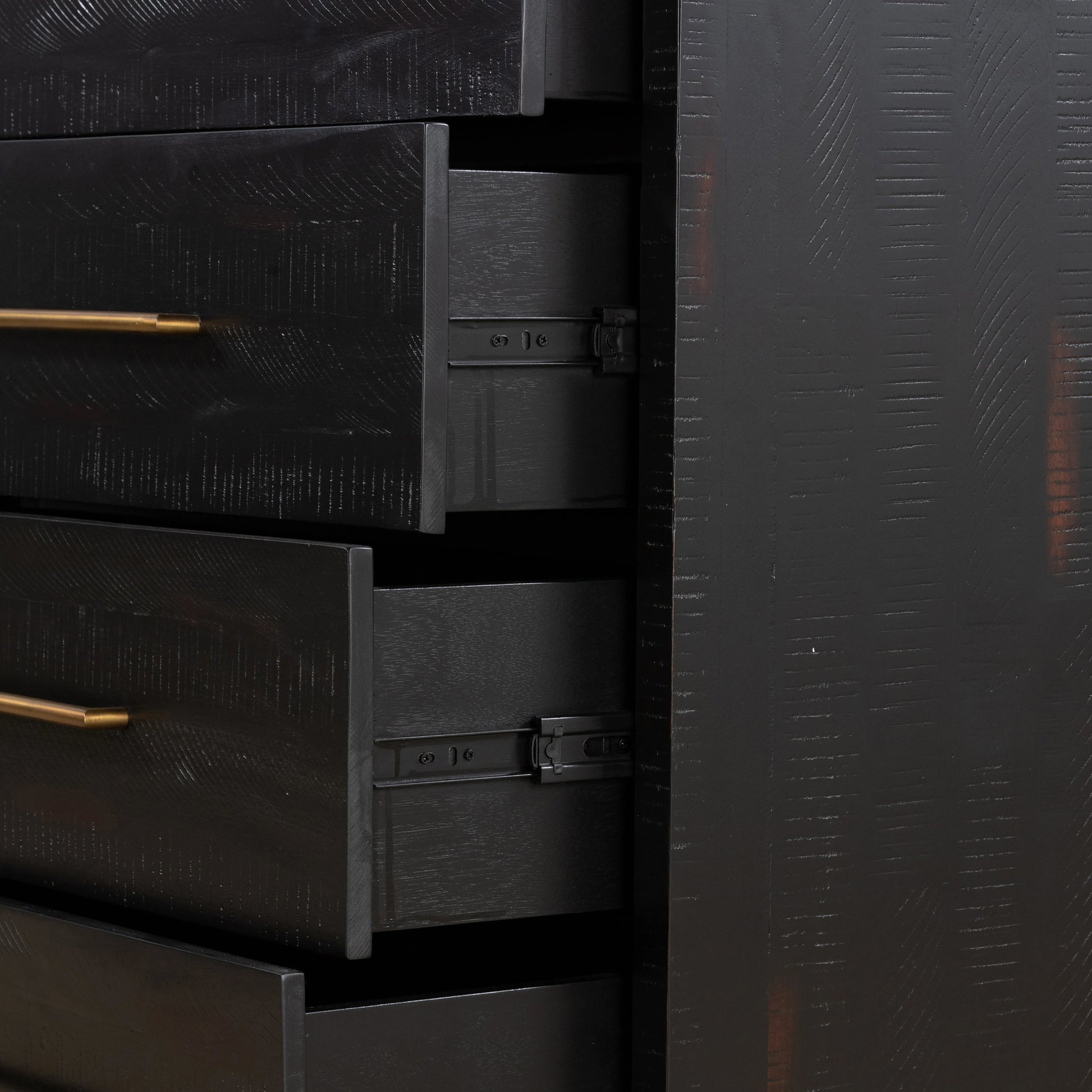Suki Tall Boy by Four Hands in burnished black. Made from resawn mixed wood, mixed wood solid in a modern style.