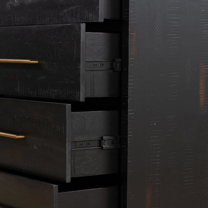 Suki Tall Boy by Four Hands in burnished black. Made from resawn mixed wood, mixed wood solid in a modern style.