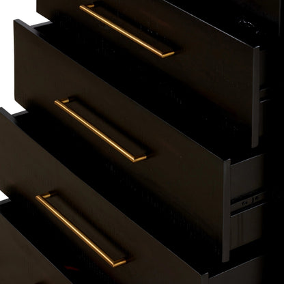 Suki Tall Boy by Four Hands in burnished black. Made from resawn mixed wood, mixed wood solid in a modern style.