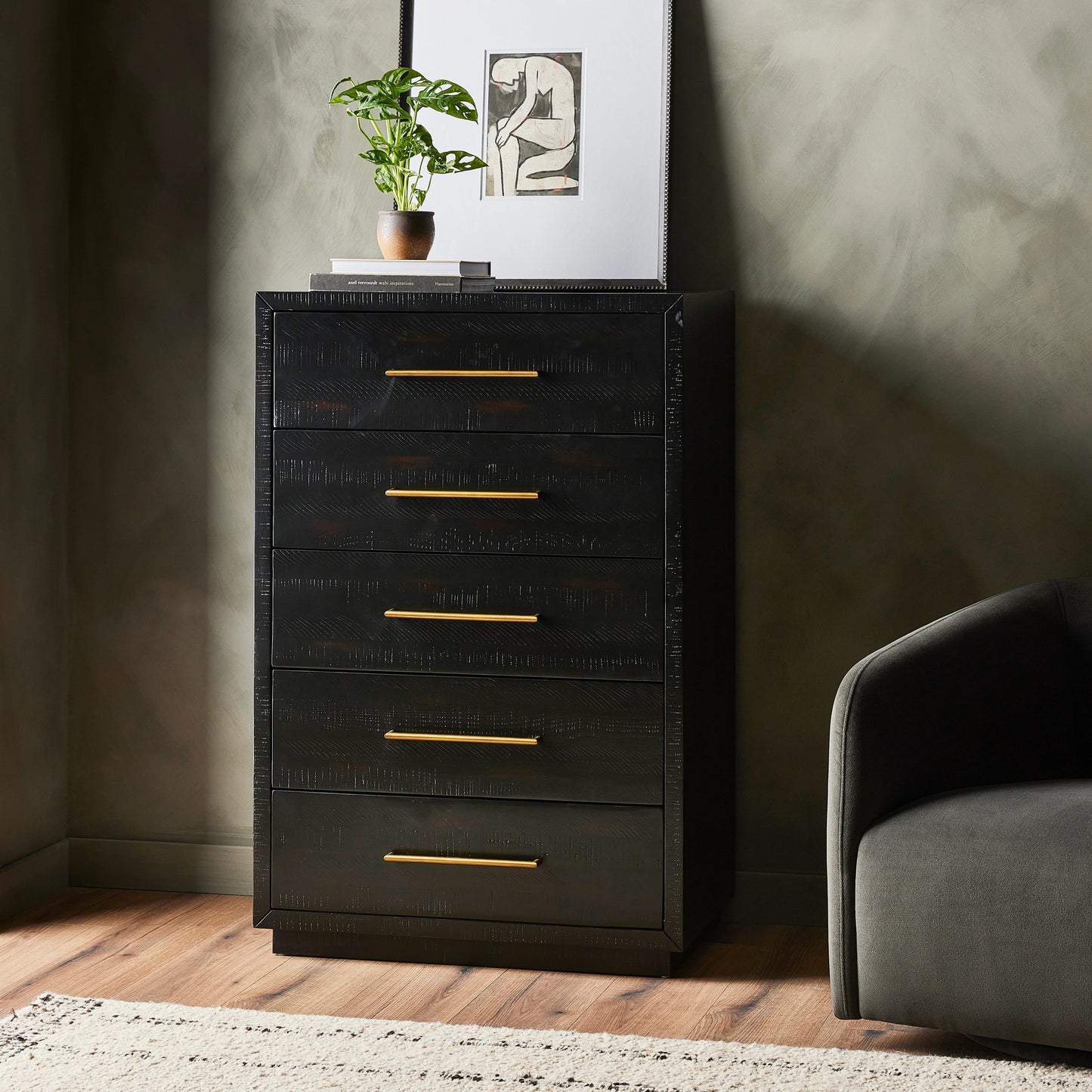 012 SI-2093919 | Lifestyle | Suki Tall Boy by Four Hands in burnished black. Made from resawn mixed wood, mixed wood solid in a modern style.