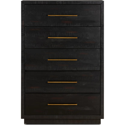 Suki Tall Boy by Four Hands in burnished black. Made from resawn mixed wood, mixed wood solid in a modern style.