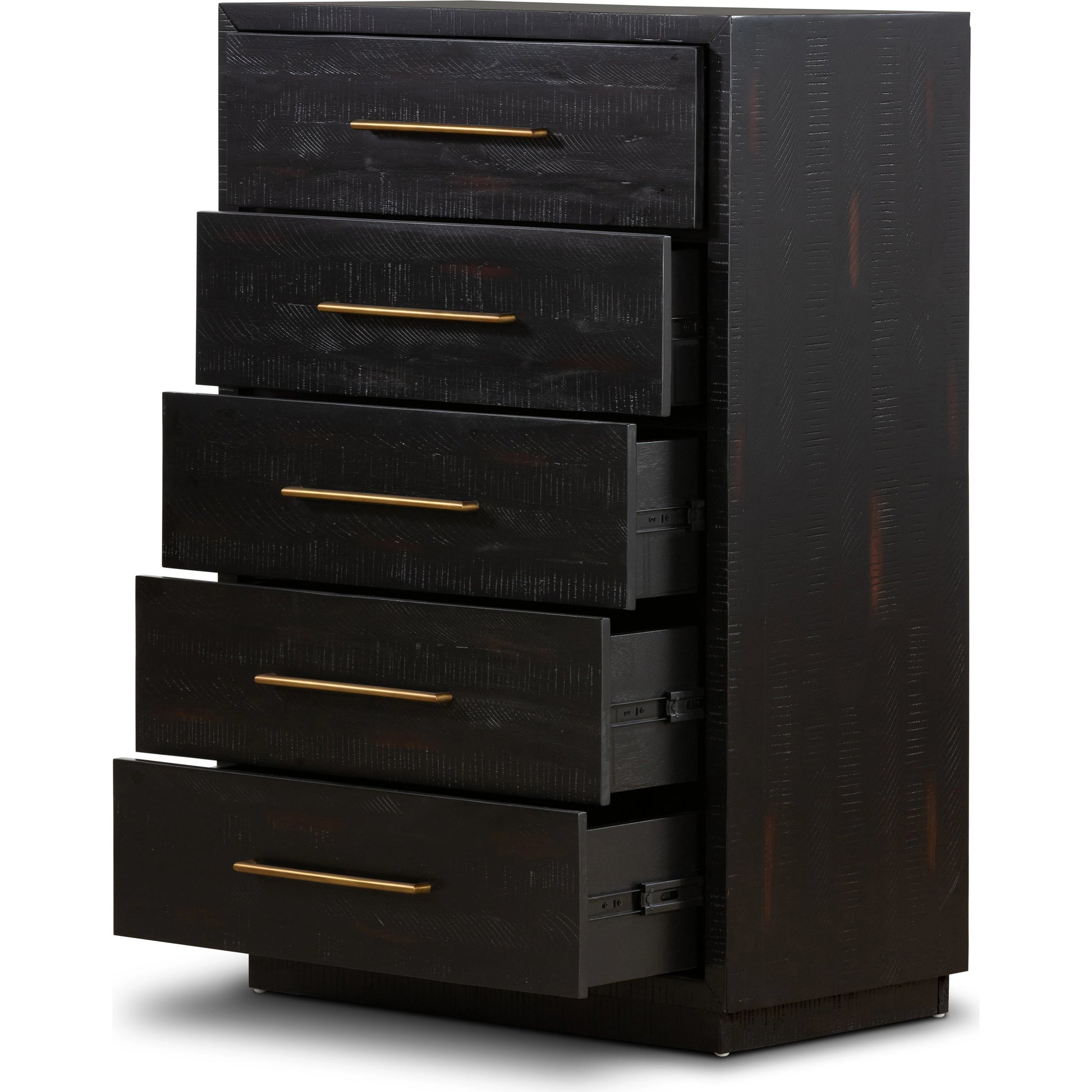 Suki Tall Boy by Four Hands in burnished black. Made from resawn mixed wood, mixed wood solid in a modern style.