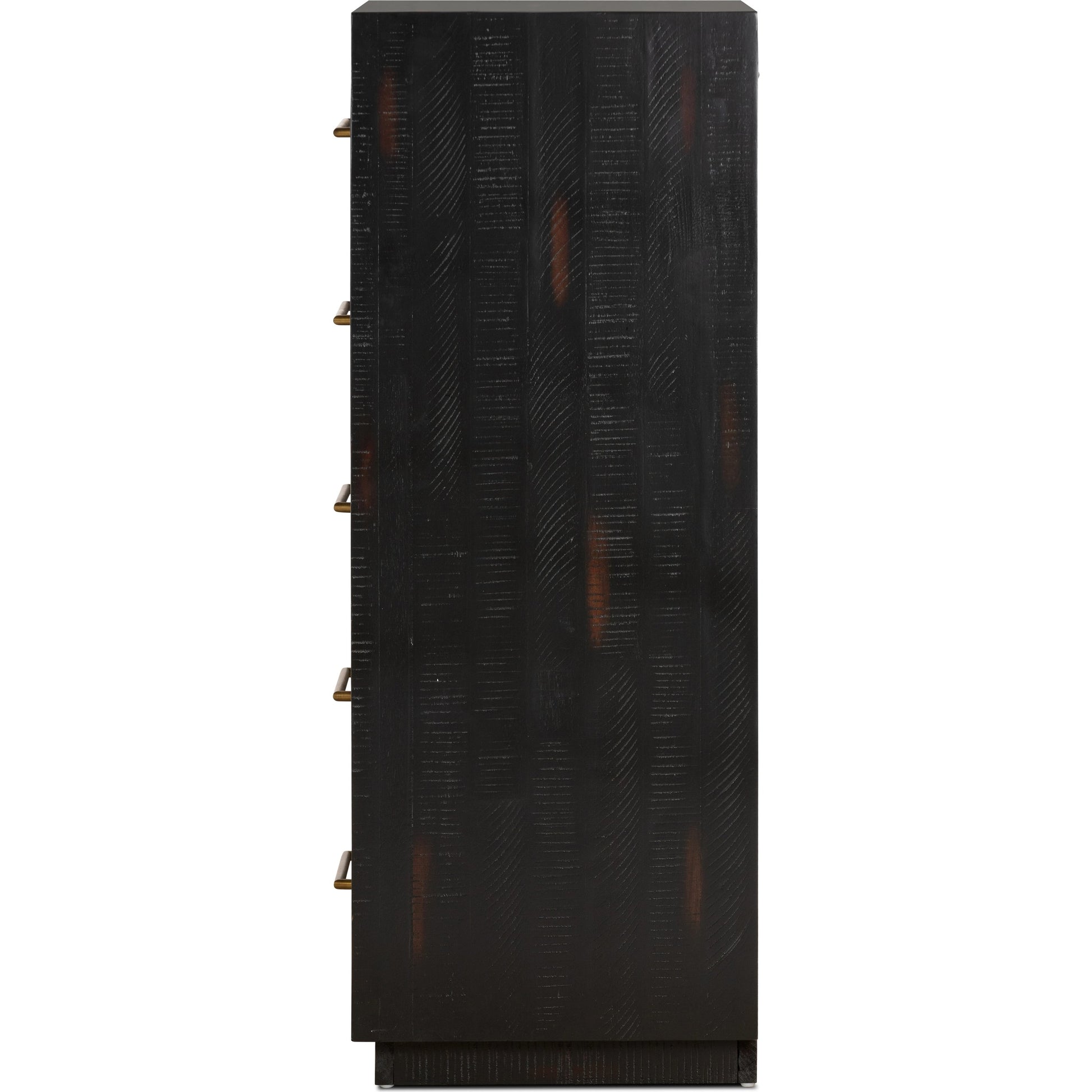Suki Tall Boy by Four Hands in burnished black. Made from resawn mixed wood, mixed wood solid in a modern style.
